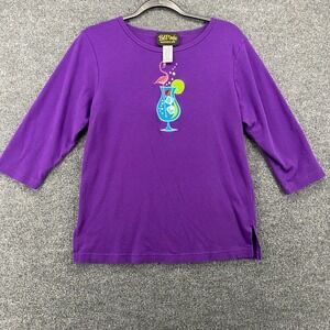 Bob Mackie Blouse Top Womens S Purple Wearable Art Flamingo Short Sleeve Fun